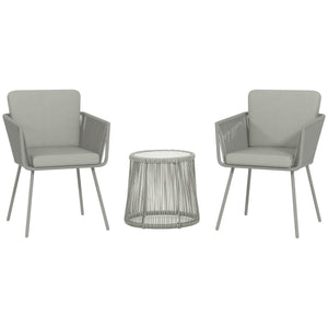 3 Pieces Wicker Patio Furniture Set, Rattan Bistro Set with Coffee Table and Cushions, Outdoor Conversation Set for Garden, Porch, Balcony, Light Grey