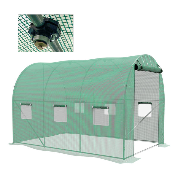 3 x 2(m) Polytunnel Greenhouse with Sprinkler Irrigation System, Walk-in Green House for Garden with Wide Roll-up Door, 6 Mesh Windows, Galvanised Steel Frame, Green
