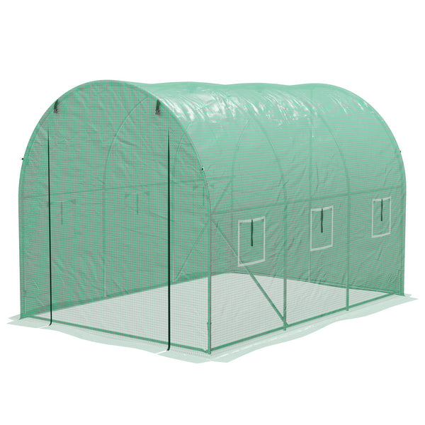 3 x 2(m) Polytunnel Greenhouse with Sprinkler Irrigation System, Walk-in Green House for Garden with Wide Roll-up Door, 6 Mesh Windows, Galvanised Steel Frame, Green