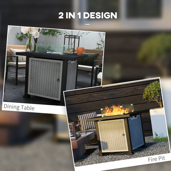 Square Propane Gas Fire Pit Table, 50000 BTU Rattan Smokeless Firepit Patio Heater with Glass Screen, Glass Beads and Lid, 81cm x 81cm x 64cm, Grey