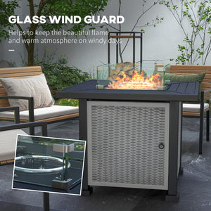 Square Propane Gas Fire Pit Table, 50000 BTU Rattan Smokeless Firepit Patio Heater with Glass Screen, Glass Beads and Lid, 81cm x 81cm x 64cm, Grey