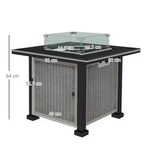 Square Propane Gas Fire Pit Table, 50000 BTU Rattan Smokeless Firepit Patio Heater with Glass Screen, Glass Beads and Lid, 81cm x 81cm x 64cm, Grey