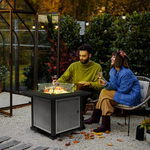 Square Propane Gas Fire Pit Table, 50000 BTU Rattan Smokeless Firepit Patio Heater with Glass Screen, Glass Beads and Lid, 81cm x 81cm x 64cm, Grey