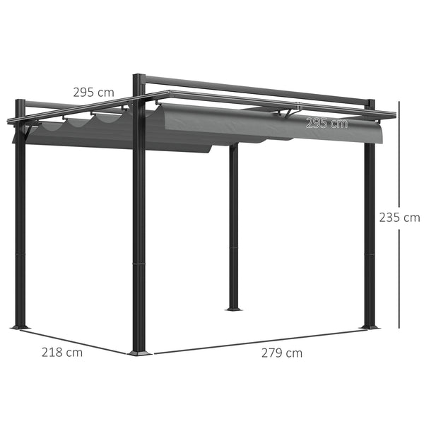 3 x 3(m) Pergola with Retractable Roof Canopy, Aluminium Frame Garden Gazebo Outdoor Sun Shade Shelter for Grill, Patio, Deck, Dark Grey