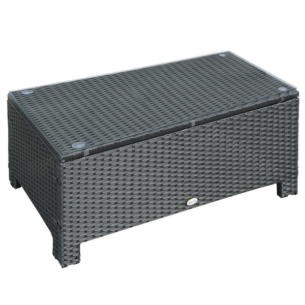 PE Rattan Coffee Table, Rectangular Outdoor Coffee Table with Tempered Glass Top, 70 KG Capacity for Garden, Balcony, Terrace, Patio, Black
