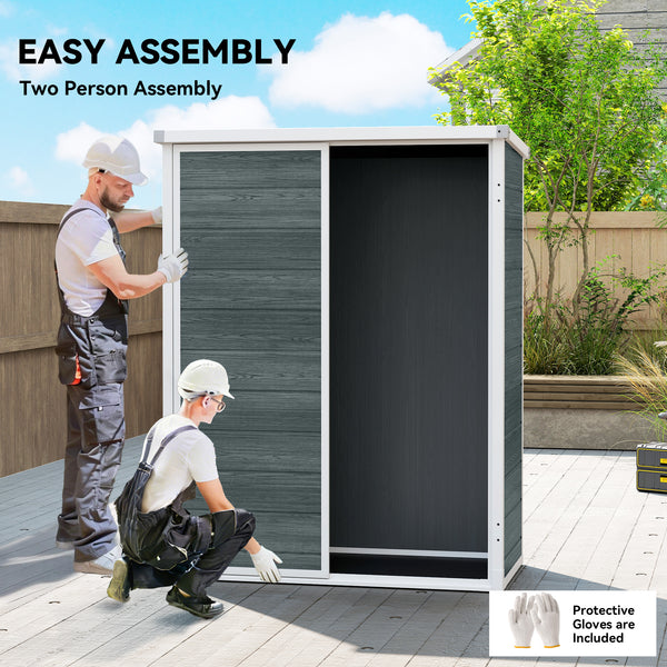 4.4' x 2.3' Plastic Garden Shed, Wood-Effect Outdoor Storage Shed with Floor, 2 Foldable Shelves and Lockable Double Doors for Backyard, Patio, Distressed Grey