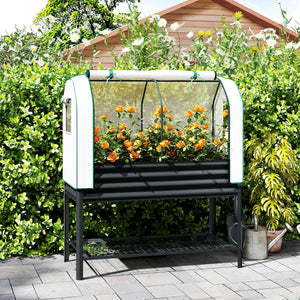 Galvanised Raised Garden Bed with Greenhouse Cover, Metal Elevated Garden Bed with Legs, Bed Liner and Bottom Shelf, Outdoor Raised Planter Box for Vegetables, Herbs, Flowers, Black