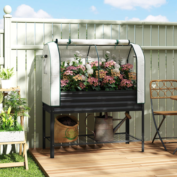 Galvanised Raised Garden Bed with Greenhouse Cover, Metal Elevated Garden Bed with Legs, Bed Liner and Bottom Shelf, Outdoor Raised Planter Box for Vegetables, Herbs, Flowers, Black