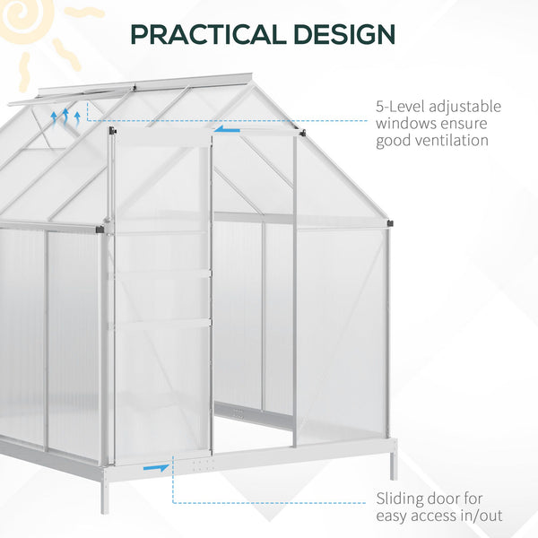 6' x 8' x 6.5' Polycarbonate Greenhouse, Walk-in Green House with Adjustable Roof Vent, Galvanized Base, Sliding Door and Rain Gutter for Outdoor, Garden, Backyard, Clear