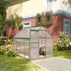 6' x 8' x 6.5' Polycarbonate Greenhouse, Walk-in Green House with Adjustable Roof Vent, Galvanized Base, Sliding Door and Rain Gutter for Outdoor, Garden, Backyard, Clear
