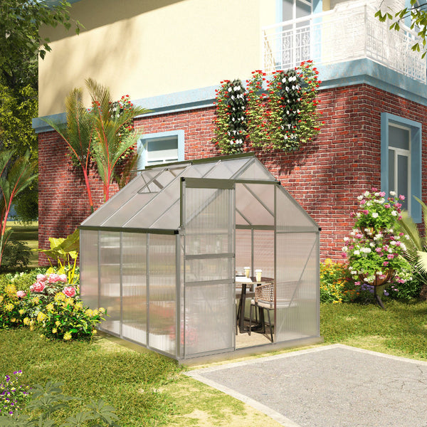 6' x 8' x 6.5' Polycarbonate Greenhouse, Walk-in Green House with Adjustable Roof Vent, Galvanized Base, Sliding Door and Rain Gutter for Outdoor, Garden, Backyard, Clear