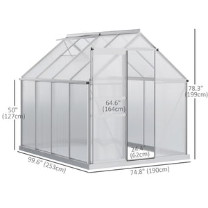 6' x 8' x 6.5' Polycarbonate Greenhouse, Walk-in Green House with Adjustable Roof Vent, Galvanized Base, Sliding Door and Rain Gutter for Outdoor, Garden, Backyard, Clear