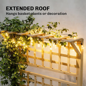 Wooden Raised Garden Bed with Trellis and Roof, Elevated Outdoor Planter Box with 2 Shelves, Drainage Hole and Liner for Climbing Plants Vegetables Flowers, Natural