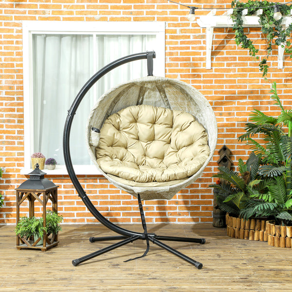 Hanging Egg Chair Outdoor Indoor Garden Swing Chair with Folding Basket, Garden Hanging Chair with Stand, Thickened Cushion, Cup Holder for Patio, Balcony, Khaki