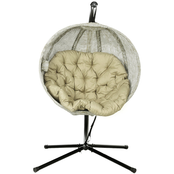 Hanging Egg Chair Outdoor Indoor Garden Swing Chair with Folding Basket, Garden Hanging Chair with Stand, Thickened Cushion, Cup Holder for Patio, Balcony, Khaki