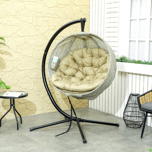 Hanging Egg Chair Outdoor Indoor Garden Swing Chair with Folding Basket, Garden Hanging Chair with Stand, Thickened Cushion, Cup Holder for Patio, Balcony, Khaki