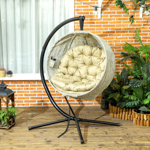 Hanging Egg Chair Outdoor Indoor Garden Swing Chair with Folding Basket, Garden Hanging Chair with Stand, Thickened Cushion, Cup Holder for Patio, Balcony, Khaki