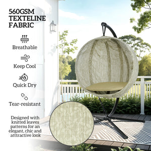 Hanging Egg Chair Outdoor Indoor Garden Swing Chair with Folding Basket, Garden Hanging Chair with Stand, Thickened Cushion, Cup Holder for Patio, Balcony, Khaki