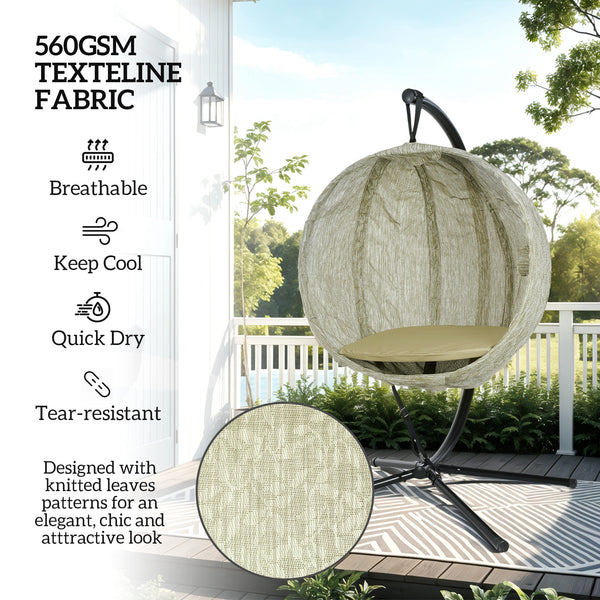 Hanging Egg Chair Outdoor Indoor Garden Swing Chair with Folding Basket, Garden Hanging Chair with Stand, Thickened Cushion, Cup Holder for Patio, Balcony, Khaki