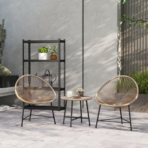 3 Pieces Rattan Bistro Set, Garden Bistro Set with Acapulco Chairs and Glass Top Table, Small Garden Furniture Set with Reinforced Metal Frame for Outdoor, Patio, Balcony, Natural