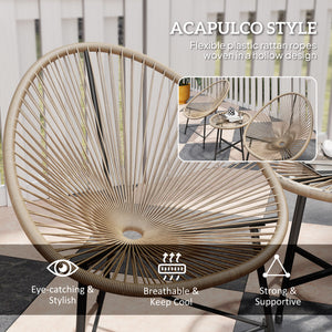 3 Pieces Rattan Bistro Set, Garden Bistro Set with Acapulco Chairs and Glass Top Table, Small Garden Furniture Set with Reinforced Metal Frame for Outdoor, Patio, Balcony, Natural
