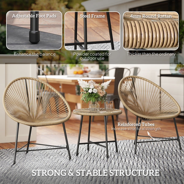 3 Pieces Rattan Bistro Set, Garden Bistro Set with Acapulco Chairs and Glass Top Table, Small Garden Furniture Set with Reinforced Metal Frame for Outdoor, Patio, Balcony, Natural