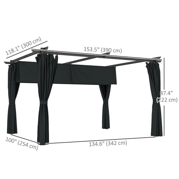 10' x 13' Retractable Pergola Canopy with Curtains, Outdoor Gazebo UPF30+ Sun Shade Shelter for Grill, Garden, Patio, Backyard, Deck, Dark Grey