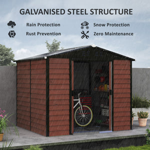 8' x 7' Outdoor Storage Shed, Easy to Assemble, Upgraded Galvanized Metal Garden Shed with Lockable Doors, Floor Frame and Gloves for Backyard, Lawn, Patio, Teak