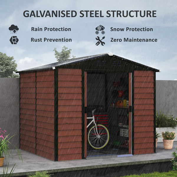 8' x 7' Outdoor Storage Shed, Easy to Assemble, Upgraded Galvanized Metal Garden Shed with Lockable Doors, Floor Frame and Gloves for Backyard, Lawn, Patio, Teak