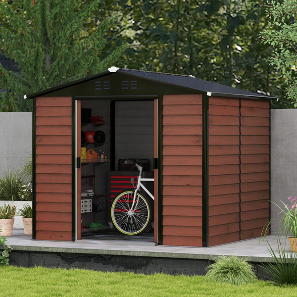 8' x 7' Outdoor Storage Shed, Easy to Assemble, Upgraded Galvanized Metal Garden Shed with Lockable Doors, Floor Frame and Gloves for Backyard, Lawn, Patio, Teak