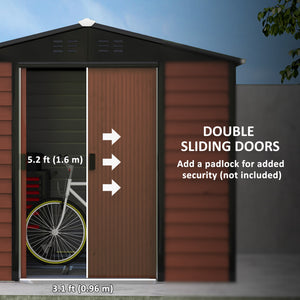 8' x 7' Outdoor Storage Shed, Easy to Assemble, Upgraded Galvanized Metal Garden Shed with Lockable Doors, Floor Frame and Gloves for Backyard, Lawn, Patio, Teak