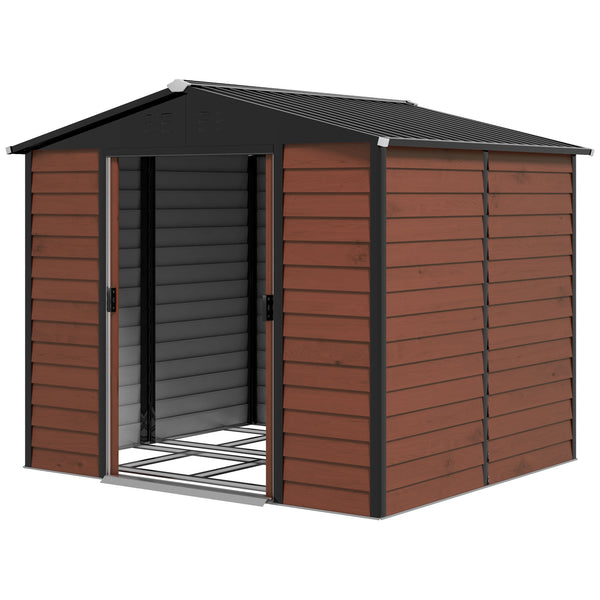 8' x 7' Outdoor Storage Shed, Easy to Assemble, Upgraded Galvanized Metal Garden Shed with Lockable Doors, Floor Frame and Gloves for Backyard, Lawn, Patio, Teak