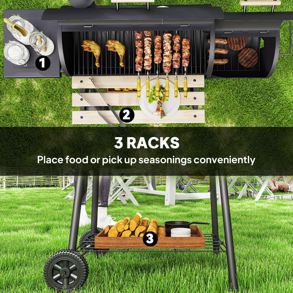Charcoal Grill with Offset Smoker, 231 Sq.In. Cooking Area, Barrel BBQ Grill and Smoker Combo with Side Tables, Shelf, Thermometer, Wheels for Outdoor Patio Backyard Party Event Gathering