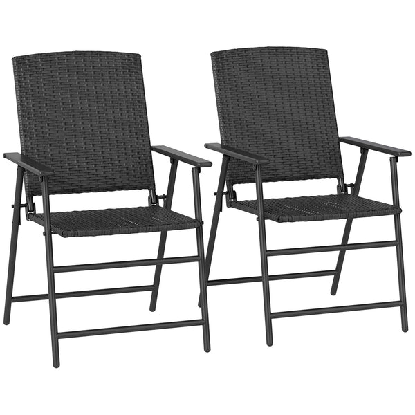 Folding Garden Chairs Set of 2, PE Rattan Garden Dining Chairs with Armrests, High Back and Steel Frame, Weather Resistant Outdoor Dining Furniture for Patio, Balcony, Black