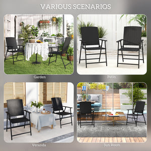 Folding Garden Chairs Set of 2, PE Rattan Garden Dining Chairs with Armrests, High Back and Steel Frame, Weather Resistant Outdoor Dining Furniture for Patio, Balcony, Black