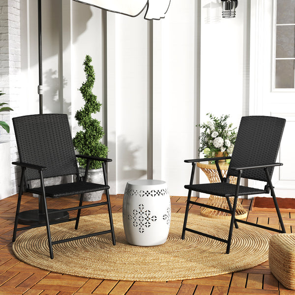 Folding Garden Chairs Set of 2, PE Rattan Garden Dining Chairs with Armrests, High Back and Steel Frame, Weather Resistant Outdoor Dining Furniture for Patio, Balcony, Black