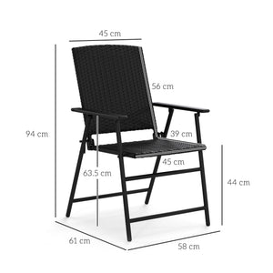 Folding Garden Chairs Set of 2, PE Rattan Garden Dining Chairs with Armrests, High Back and Steel Frame, Weather Resistant Outdoor Dining Furniture for Patio, Balcony, Black