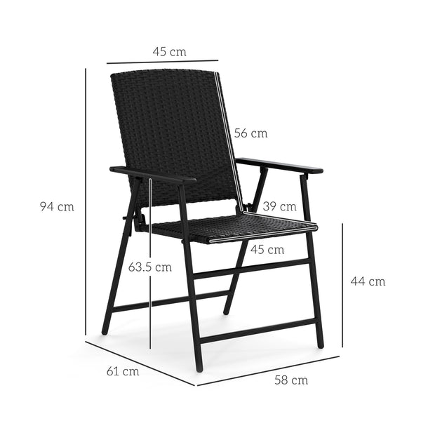 Folding Garden Chairs Set of 2, PE Rattan Garden Dining Chairs with Armrests, High Back and Steel Frame, Weather Resistant Outdoor Dining Furniture for Patio, Balcony, Black