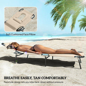 Adjustable Outdoor Lounge Chair, Garden Folding Chaise Lounge with Face Hole Reclining Tanning Chair Seat, Folding Camping Beach Lounging Bed w/ Support Pillow, Beige