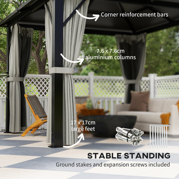 3 x 3(m) Hardtop Gazebo Canopy with UPF30+ Double Polycarbonate Roof, Aluminium Frame Garden Gazebo Permanent Pavilion with Mosquito Netting and Curtains for Patio, Deck, Grey