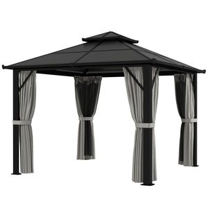 3 x 3(m) Hardtop Gazebo Canopy with UPF30+ Double Polycarbonate Roof, Aluminium Frame Garden Gazebo Permanent Pavilion with Mosquito Netting and Curtains for Patio, Deck, Grey