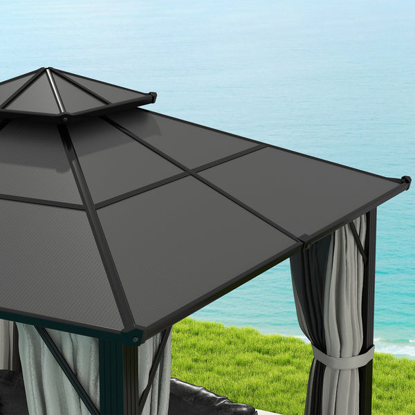 3 x 3(m) Hardtop Gazebo Canopy with UPF30+ Double Polycarbonate Roof, Aluminium Frame Garden Gazebo Permanent Pavilion with Mosquito Netting and Curtains for Patio, Deck, Grey