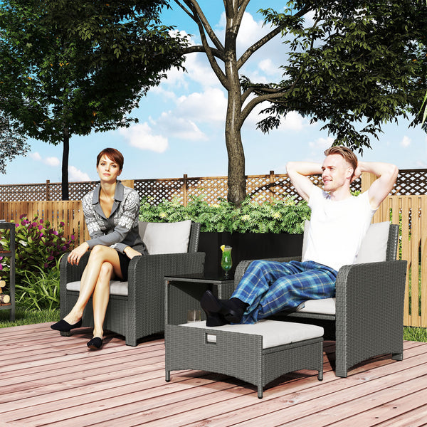 5 Piece Rattan Garden Furniture Set, Wicker Patio Conversation Set with 2 Chairs, 2-Tier Coffee Table, 2 Ottomans and Thick Cushions for Outdoor, Balcony, Bistro, Porch, Cream White