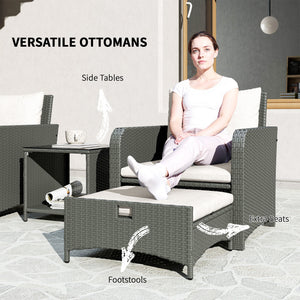 5 Piece Rattan Garden Furniture Set, Wicker Patio Conversation Set with 2 Chairs, 2-Tier Coffee Table, 2 Ottomans and Thick Cushions for Outdoor, Balcony, Bistro, Porch, Cream White