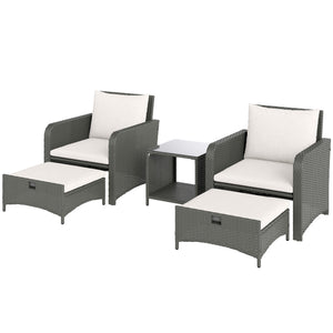 5 Piece Rattan Garden Furniture Set, Wicker Patio Conversation Set with 2 Chairs, 2-Tier Coffee Table, 2 Ottomans and Thick Cushions for Outdoor, Balcony, Bistro, Porch, Cream White