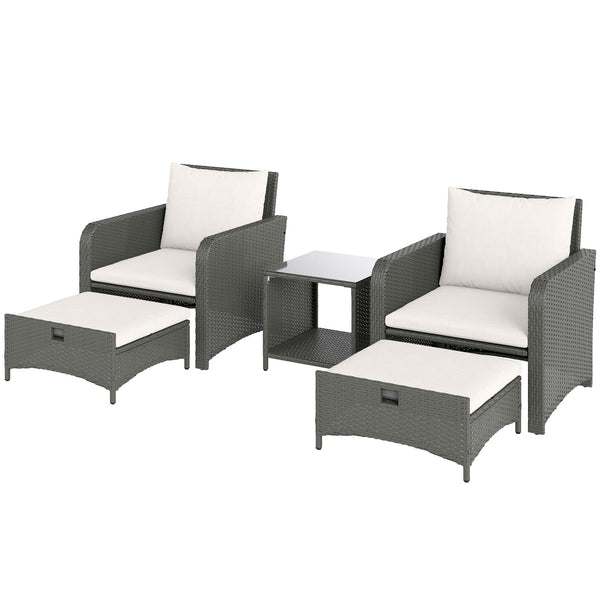 5 Piece Rattan Garden Furniture Set, Wicker Patio Conversation Set with 2 Chairs, 2-Tier Coffee Table, 2 Ottomans and Thick Cushions for Outdoor, Balcony, Bistro, Porch, Cream White