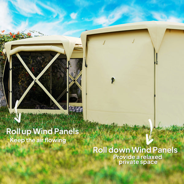 Pop Up Gazebo Screen Tent House, 11 x 11ft with UPF30+ Removable Roof Cover, 4 Roll-up Wind Panels and Carry Bag for Camping, Patio, Backyard, Lawn, Beige