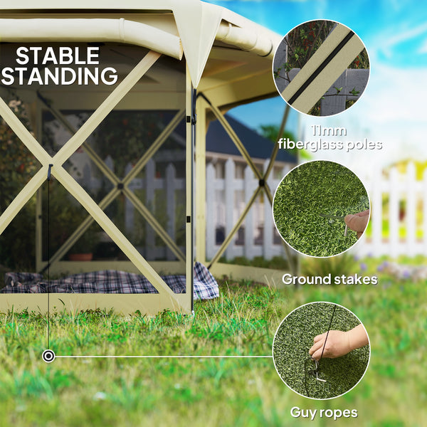 Pop Up Gazebo Screen Tent House, 11 x 11ft with UPF30+ Removable Roof Cover, 4 Roll-up Wind Panels and Carry Bag for Camping, Patio, Backyard, Lawn, Beige