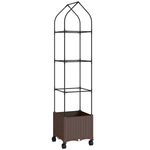 Raised Garden Bed with Trellis, Tomato Cage with Lockable Wheels, Self Watering Planter Box with Drainage Holes and Plugs for Outdoor Patio Climbing Plants, Vines, Vegetables, Flowers, Brown