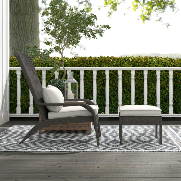 Wicker Adirondack Chair with Ottoman, Patio Cushioned Muskoka Chair, Outdoor Fire Pit Chair with High-back and Armrests, for Deck, Garden, Backyard, Grey/Cream White